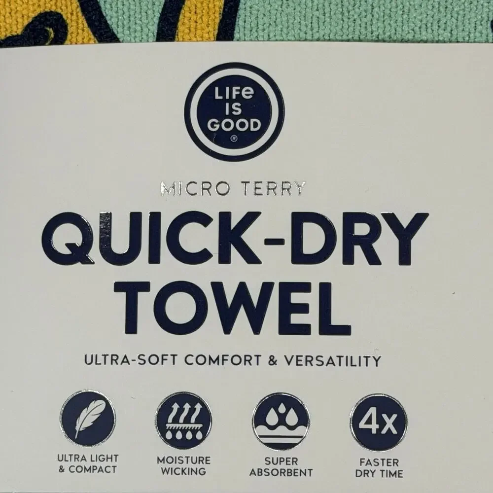 Life is Good Quick Dry Towel Micro Terry Beach Camp Travel Fish 72x30 Green NWT